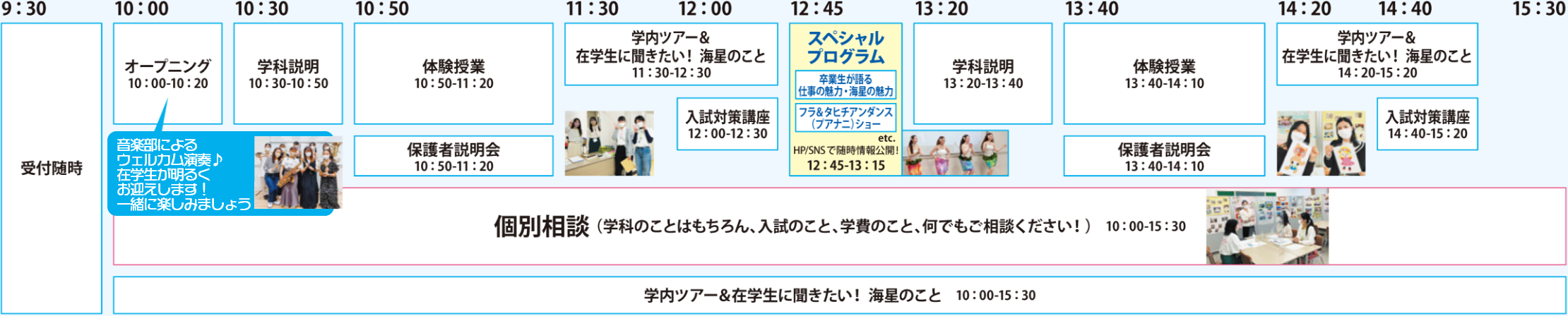 9:30より随時受付
10:00~10:20 オープニング
10:30 学科説明
10:50 体験授業・保護者説明会
11:30 学内ツアー・在学生に聞きたい!海星
12:00 入試対策講座
12:45 スペシャルプログラム「卒業生が語る仕事の魅力・海星の魅力」「フラ&タヒチアンダンスショー」
13:20 学科説明
13:40 体験授業・保護者説明会
14:20 学内ツアー・在学生に聞きたい!海星
14:40 入試対策講座
10:00~15:30 個別相談・学内ツアー・在学生に聞きたい!海星