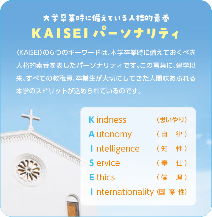 "KAISEI パーソナリティ":大学卒業時に備えている人格的素養
〈KAISEI〉の6つのキーワードは、本学卒業時に備えておくべき人格的素養を表したパーソナリティです。この言葉に、建学以来、すべての教職員、卒業生が大切にしてきた人間味あふれる本学のスピリットが込められているのです。
Kindness(思いやり)
Autonomy(自律)
Intelligence(知性)
Service(奉仕)
Ethics(倫理)
Internationality(国際性)