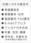 ハガキ見本 必要記入事項:希望講座名、郵便番号・住所、電話番号・FAX番号、E-mailアドレス、フリガナ付氏名、年齢・性別・職業、学科名・卒業年次(本学卒業生の場合のみ)